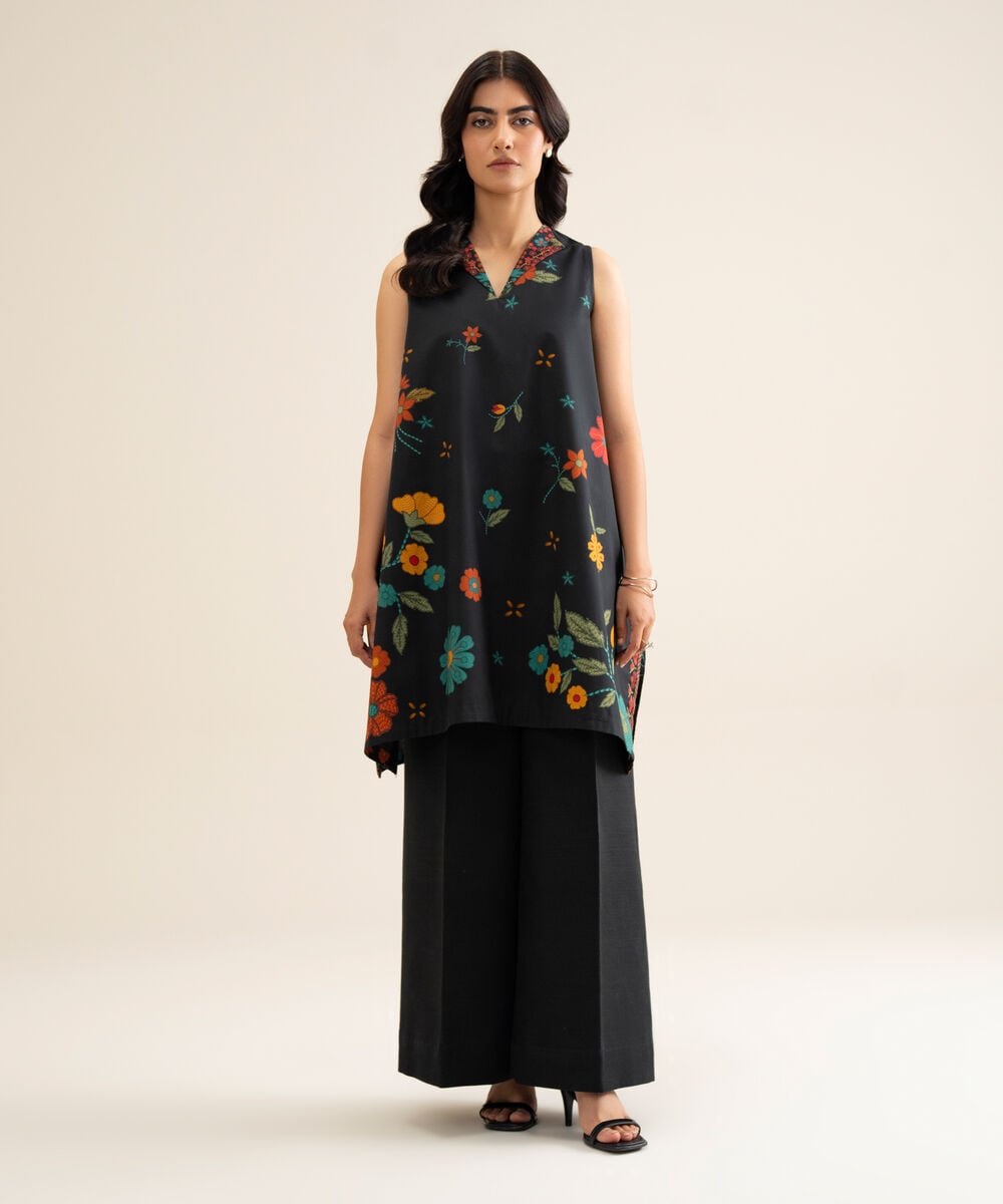 Women's Unstitched Cotton Printed Black 2 Piece Suit