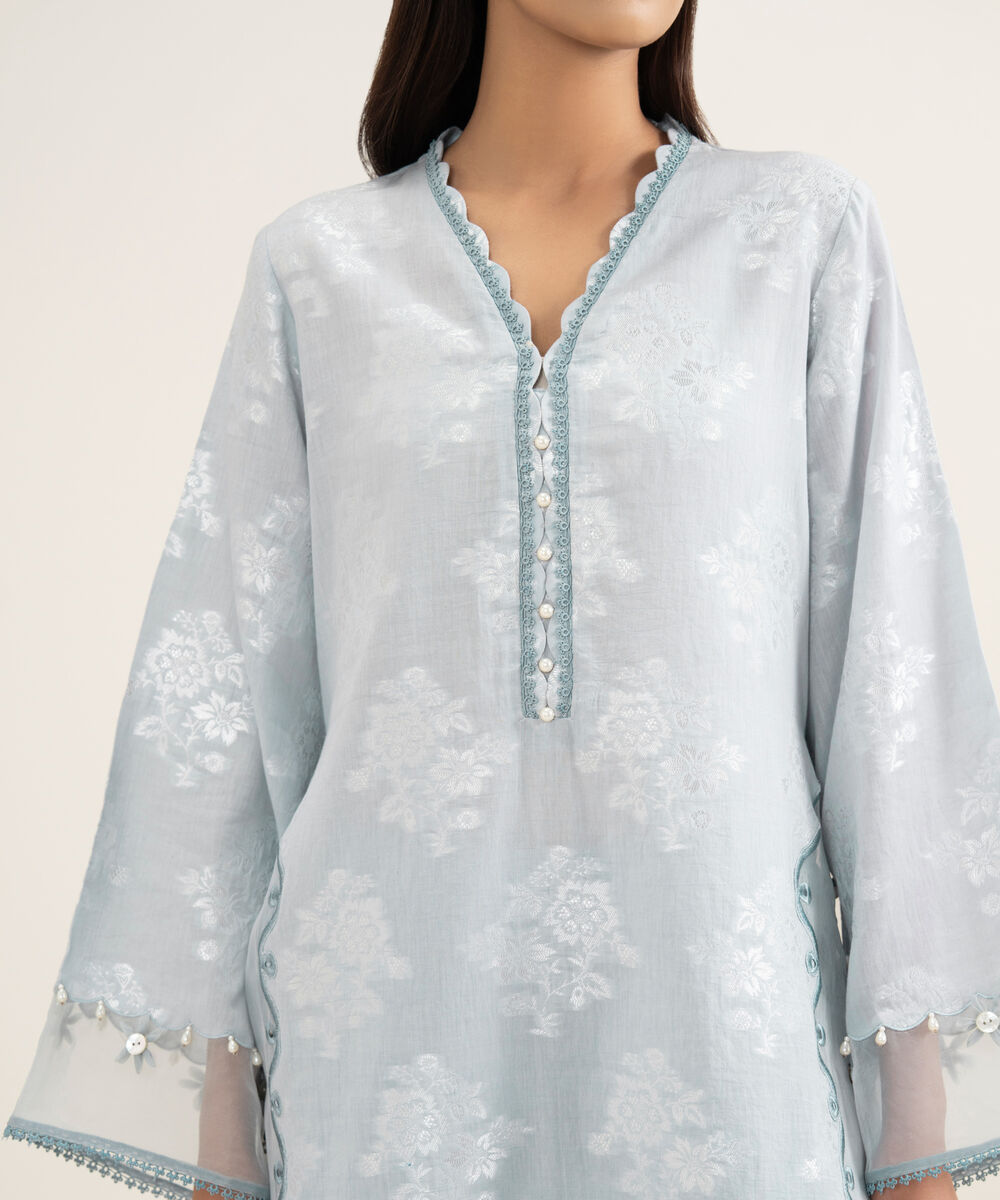 Women's RTW Zari Jacquard Embroidered Blue 2 Piece Suit