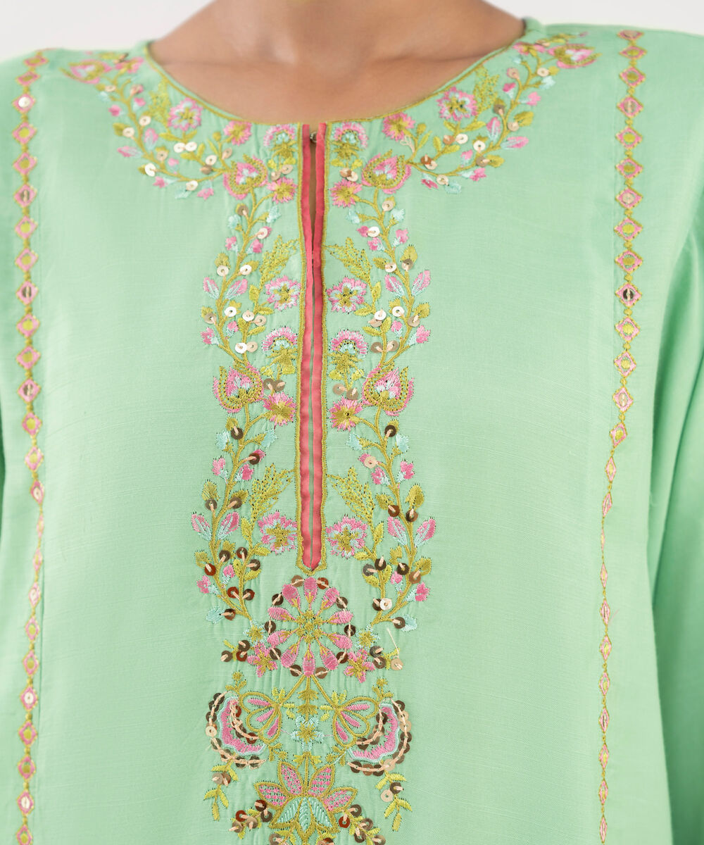 Women's RTW Viscose Raw Silk Mint Green Embroidered 2 Piece Suit