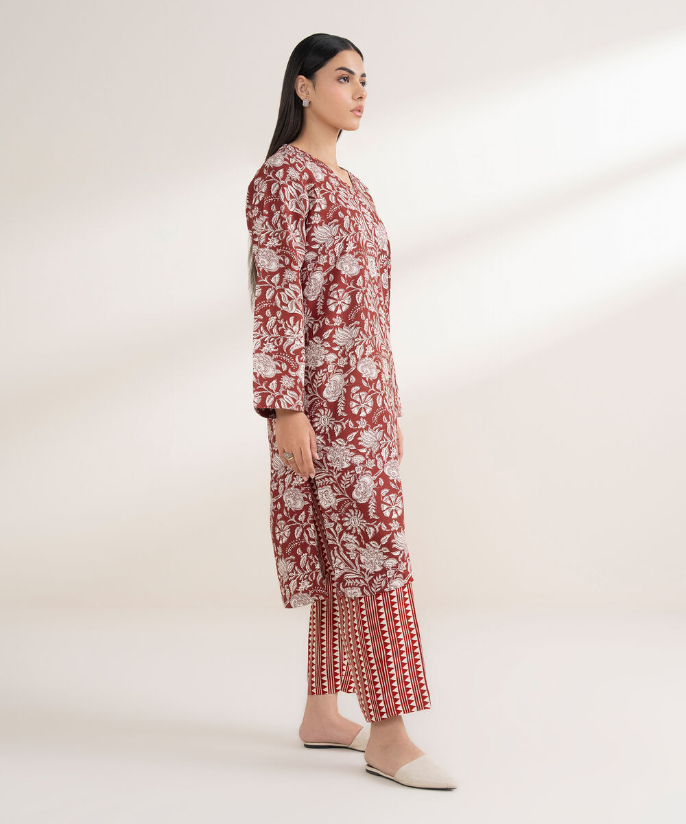 Women's RTW Arabic Khaddar Printed Straight Red Shirt