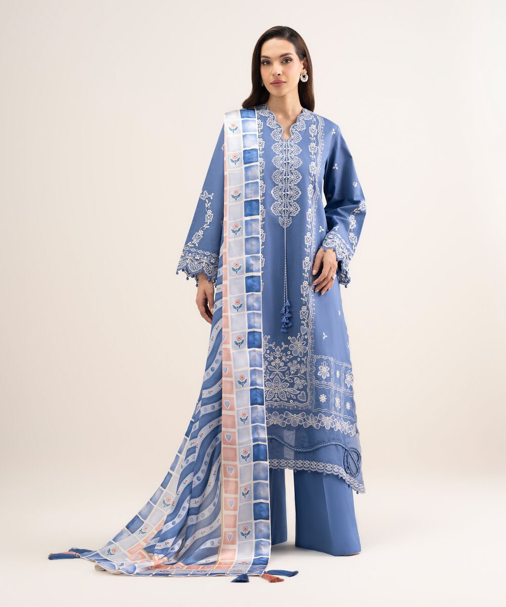 Women's Unstitched Textured Lawn Embroidered Blue  3 Piece Suit
