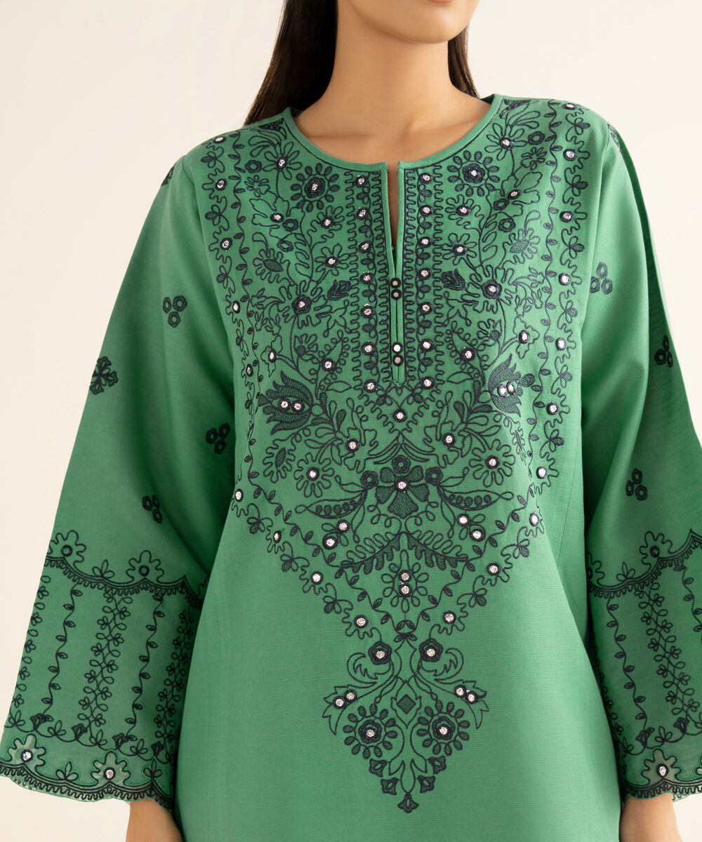 Women's Unstitched Cotton Embroidered Green 3 Piece Suit