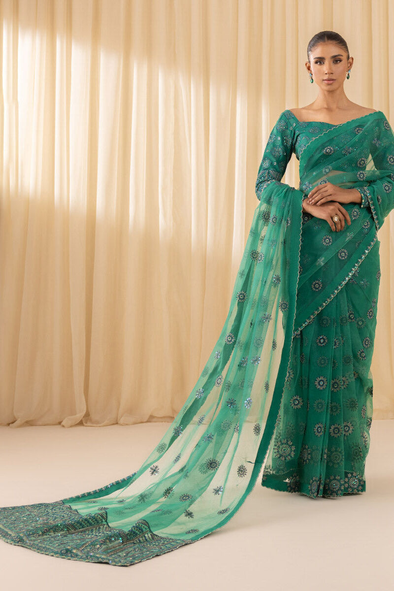 3 Piece -  Embroidered Net Saree