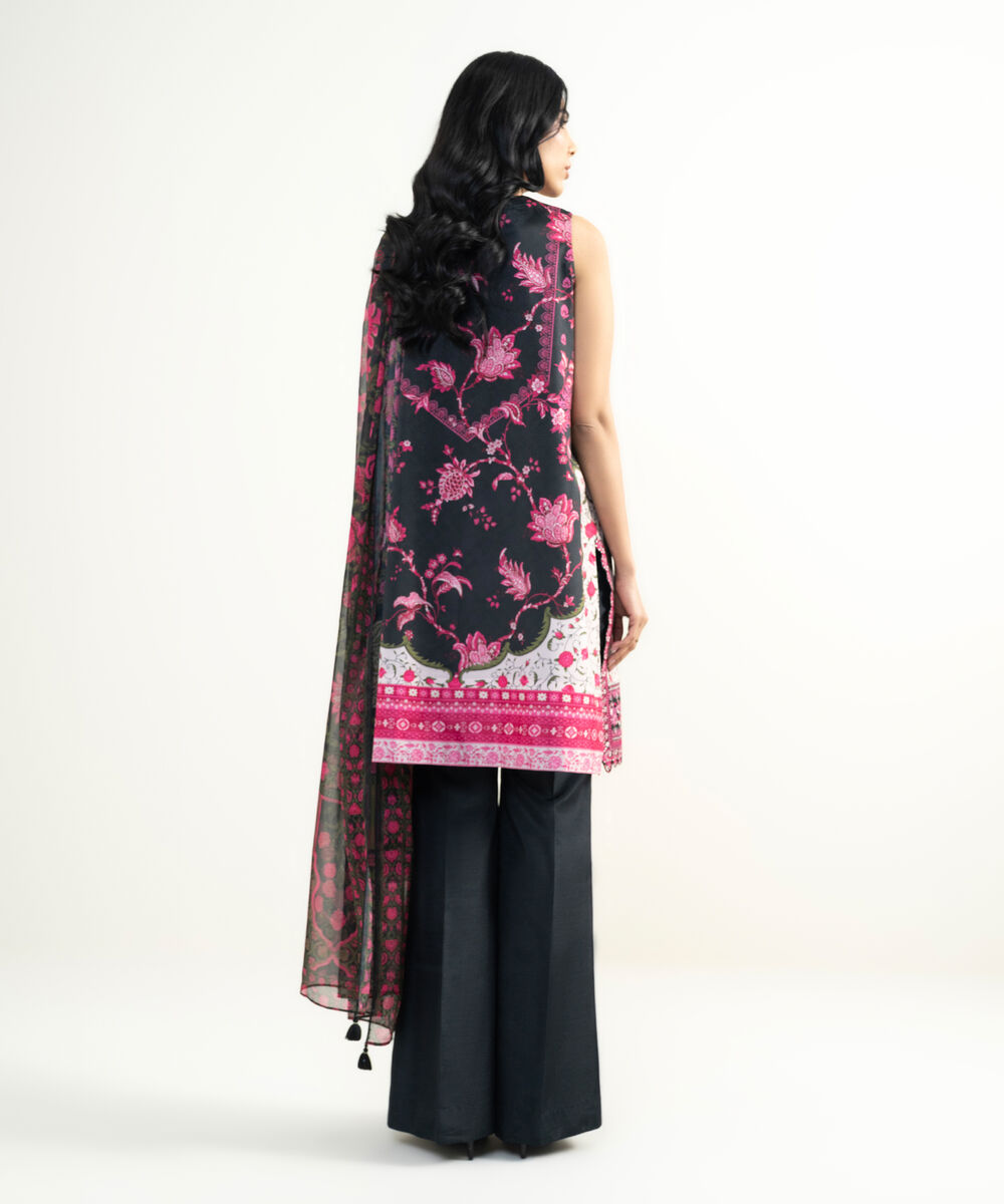 Women's Unstitched Blended Grip Silk Embroidered Black and Pink 3 Piece Suit