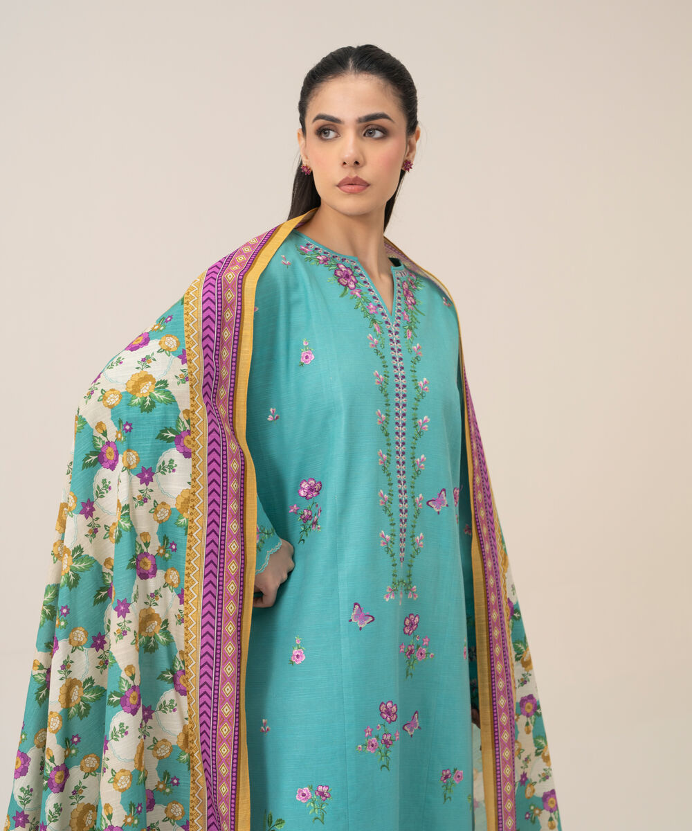Women's Unstitched Lawn Embroidered Turquoise 3 Piece Suit