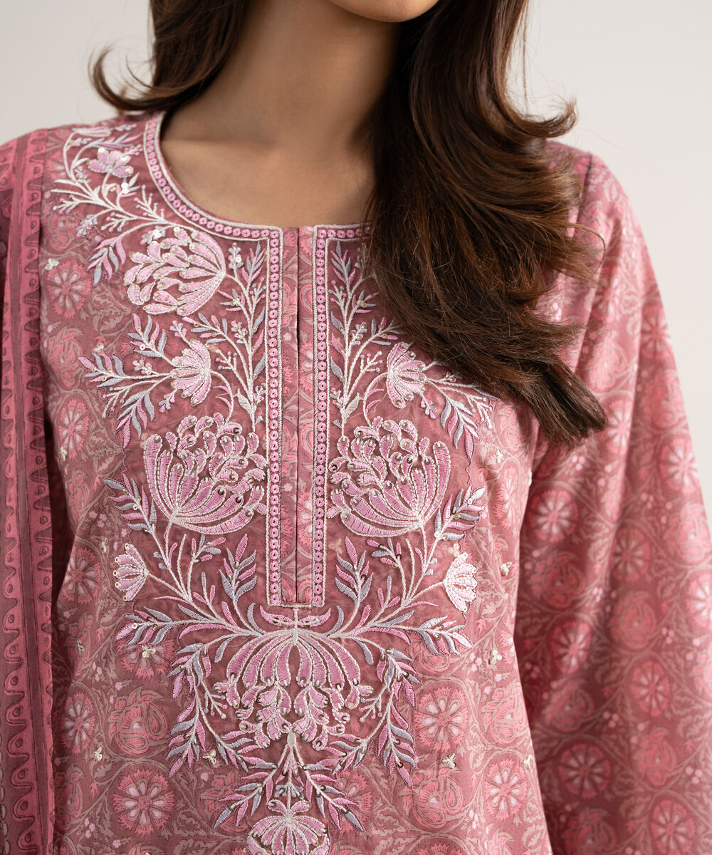 Women's Unstitched Lawn Embroidered Dark Tea Pink 3 Piece Suit