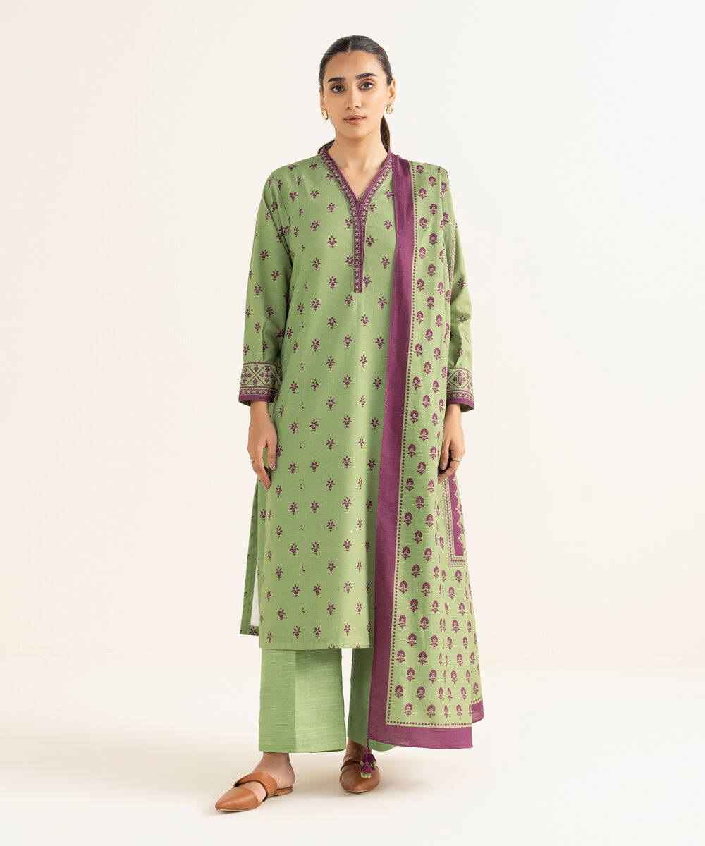 Women's Unstitched Khaddar Printed Green 2 Piece Suit
