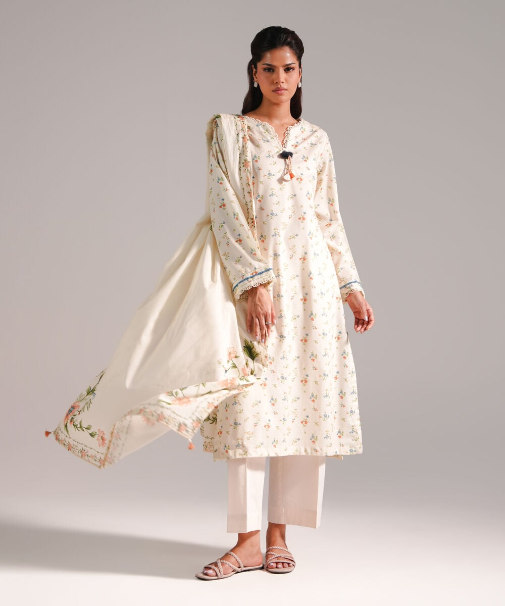 Women's RTW Dobby Printed Off White 2 Piece Suit