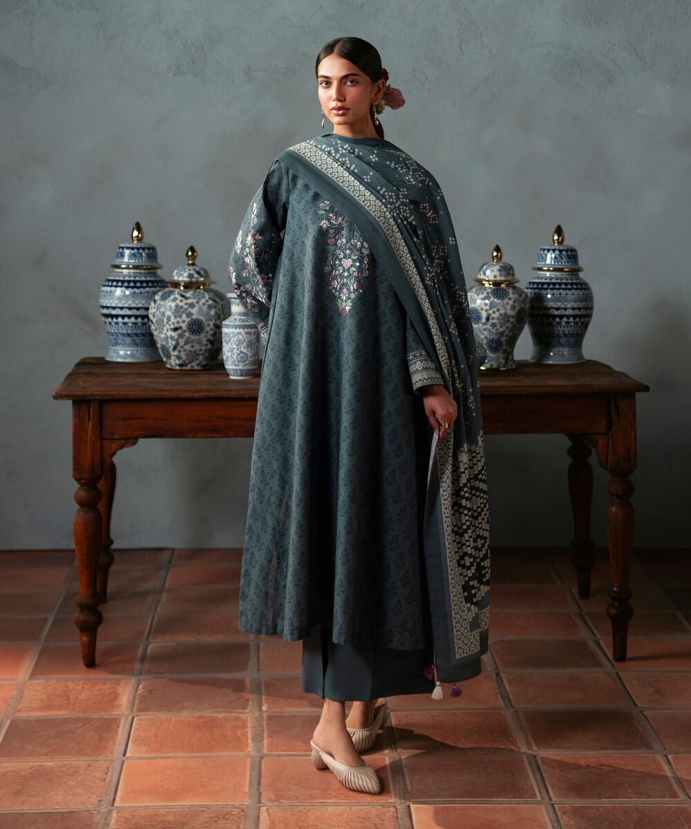 Women's Unstitched Light Khaddar Embroidered Blue 3 Piece Suit
