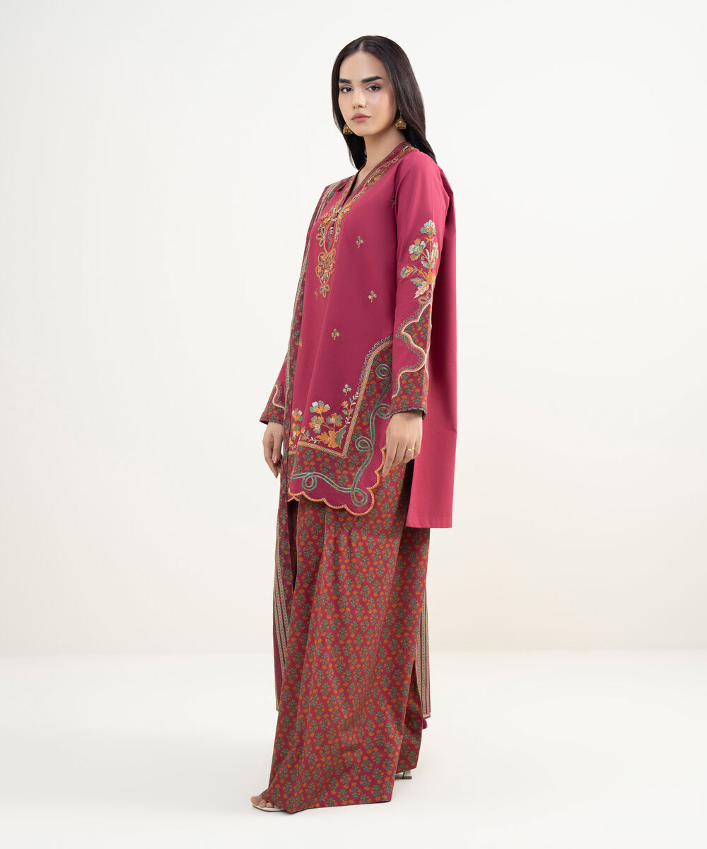 Women's Unstitched Textured Lawn Embroidered Red 3 Piece Suit