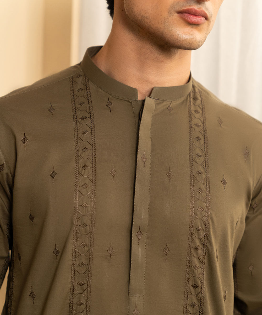 Men's Stitched Embroidered Green 2 PC Suit