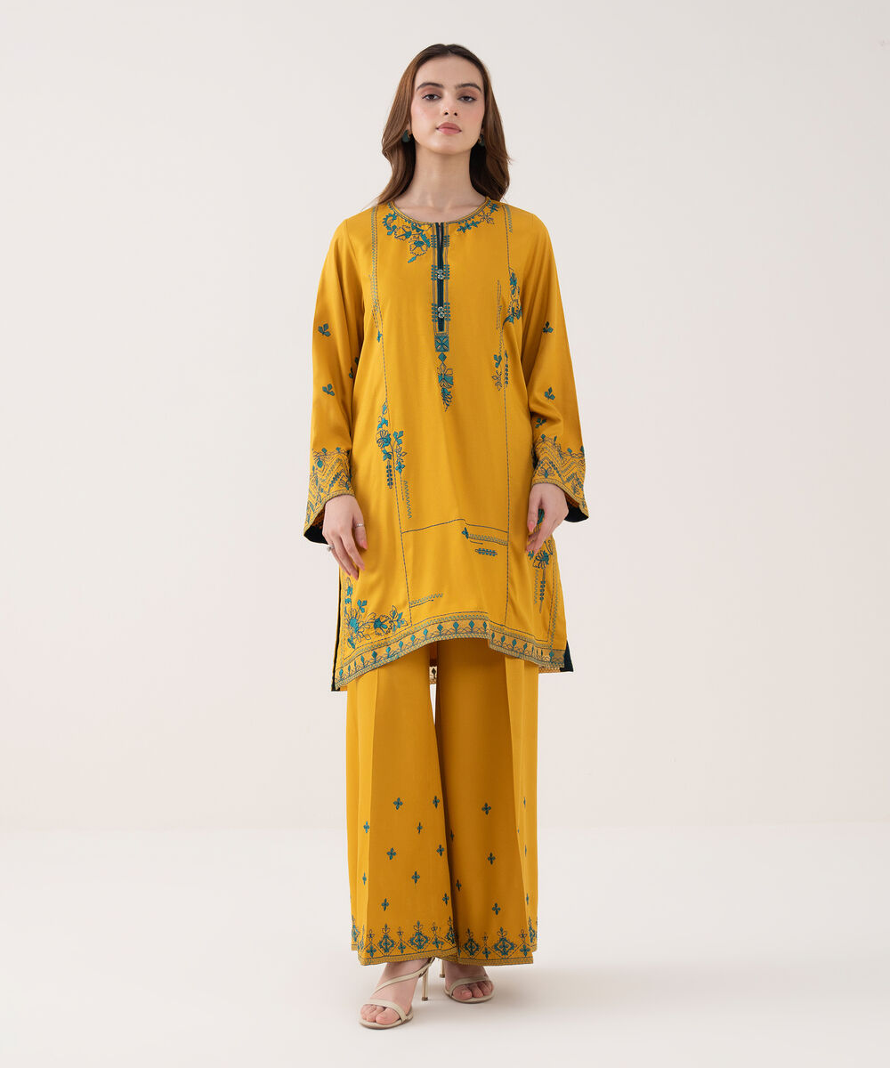 Women's RTW Viscose Marina Embroidered Straight Yellow Shirt