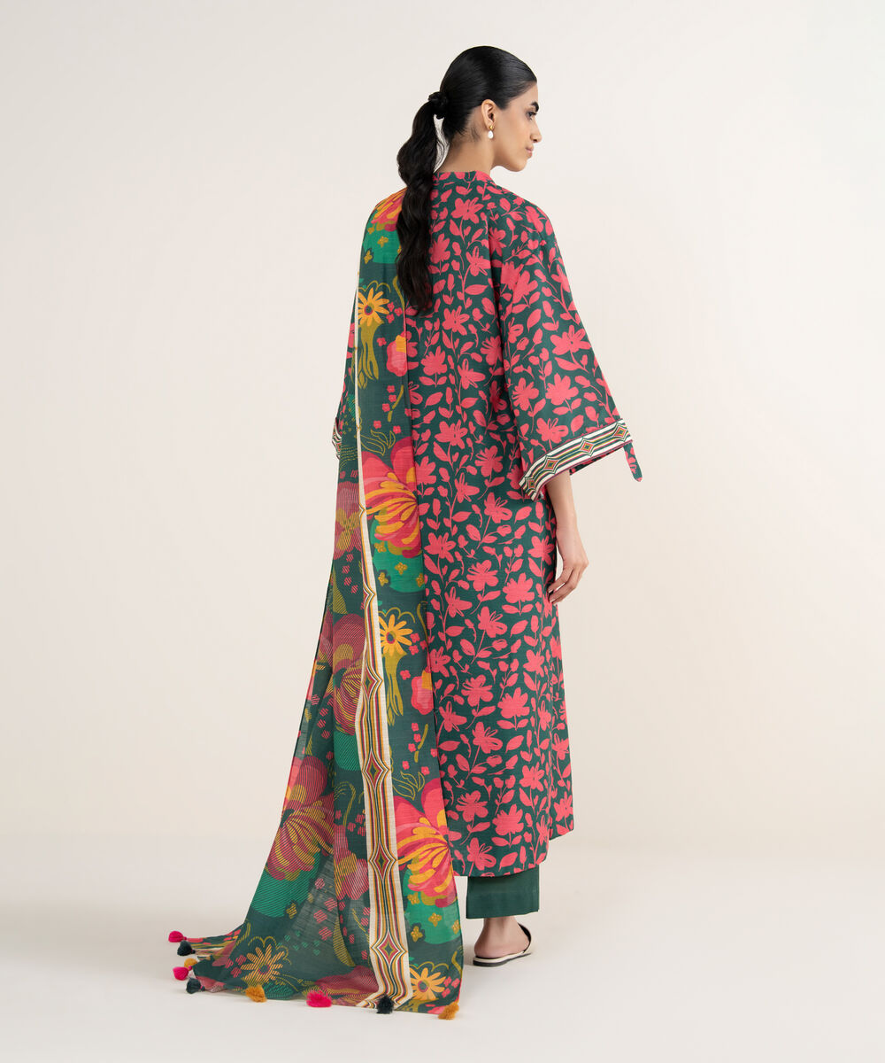Women's Unstitched Printed Khaddar Forest Green and Bright Maron 3 Piece Suit