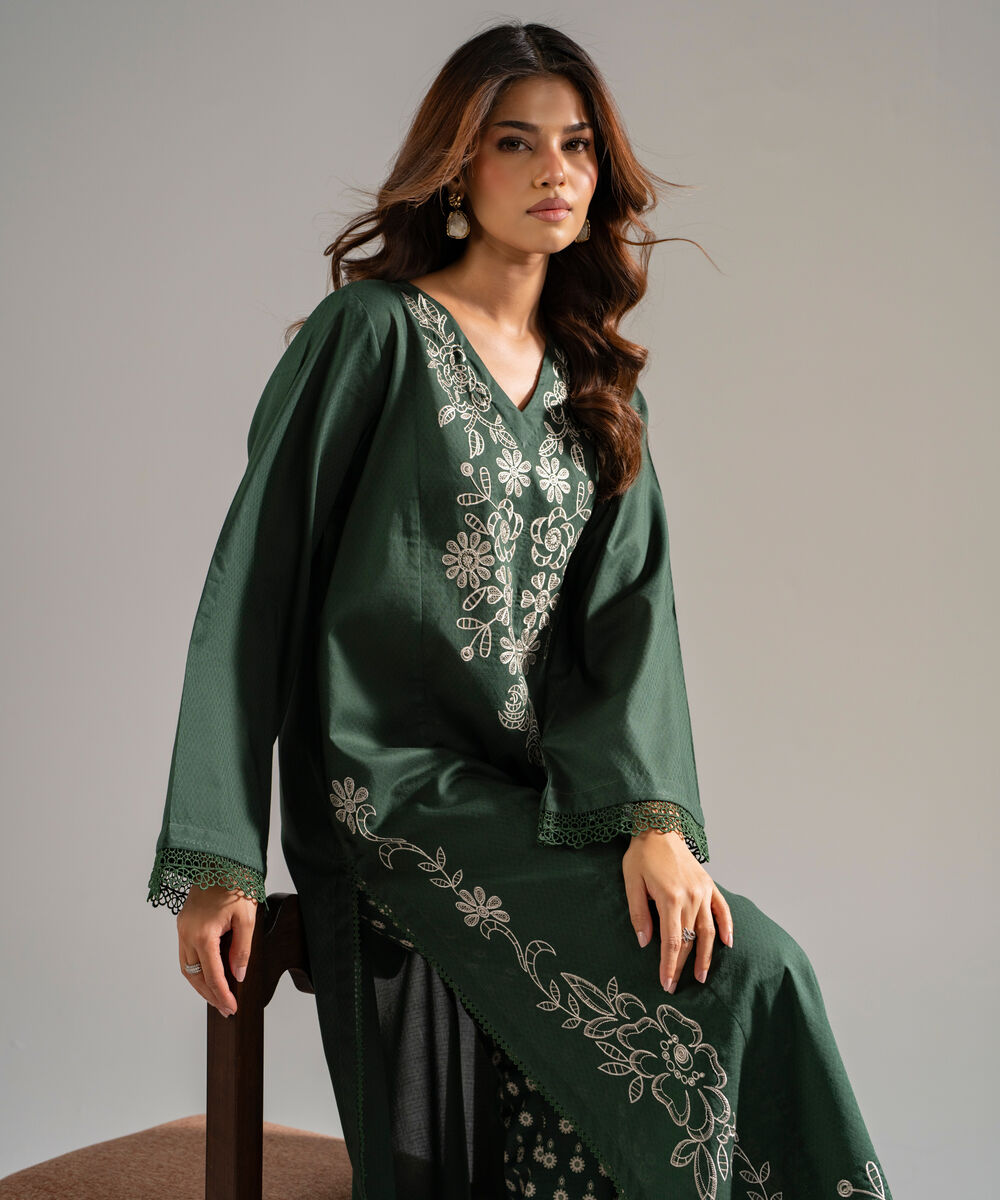 Women's RTW Dobby Embroidered Green 2 Piece Suit