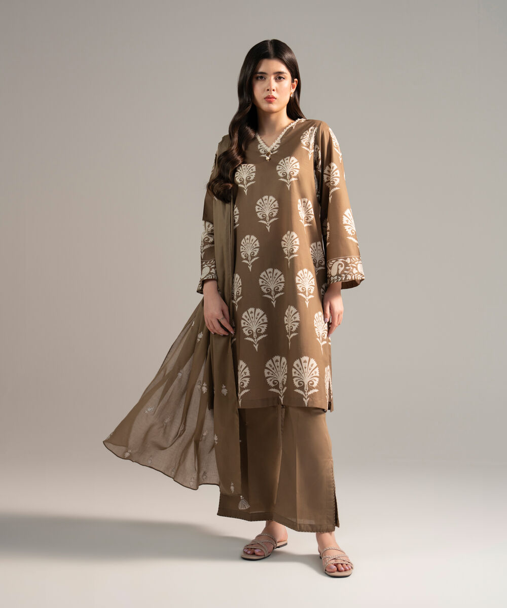 Women's RTW Lawn Printed Dark Beige 3 Piece Suit