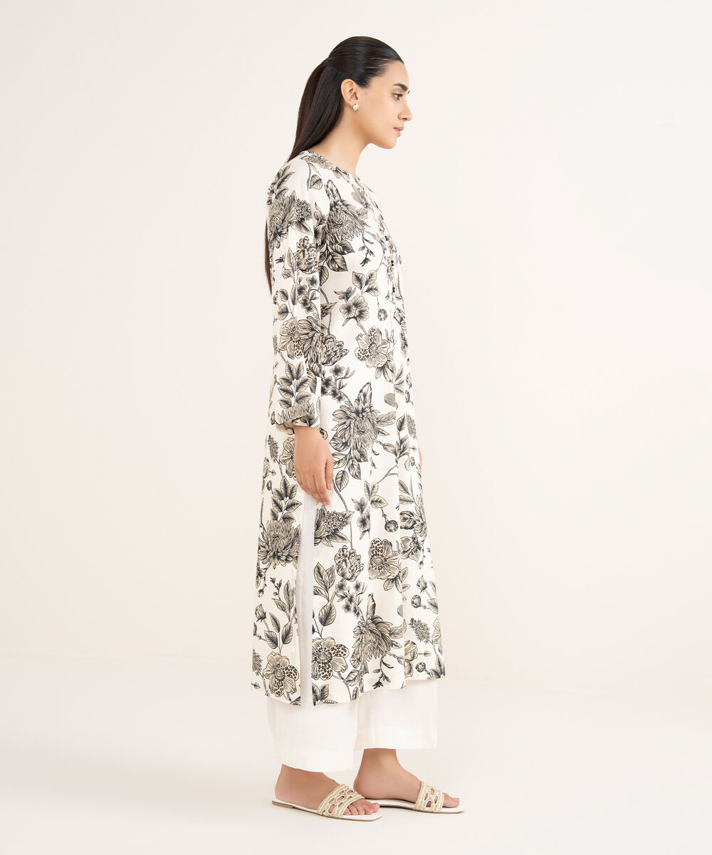 Women's RTW Viscose Lawn White Printed Straight Shirt