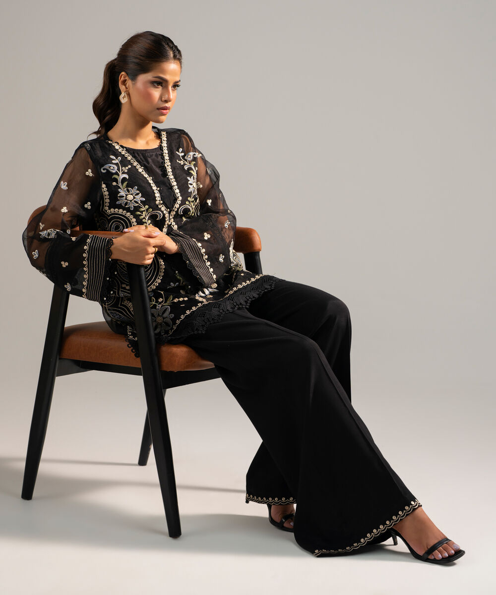 Women's RTW Organza Embroidered Black 2 Piece Suit