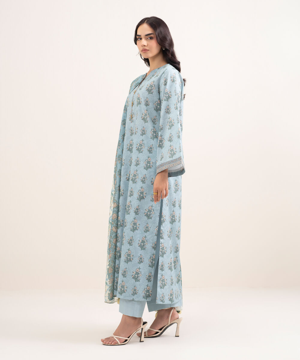 Women's Unstitched Lawn Printed Blue 3 Piece Suit