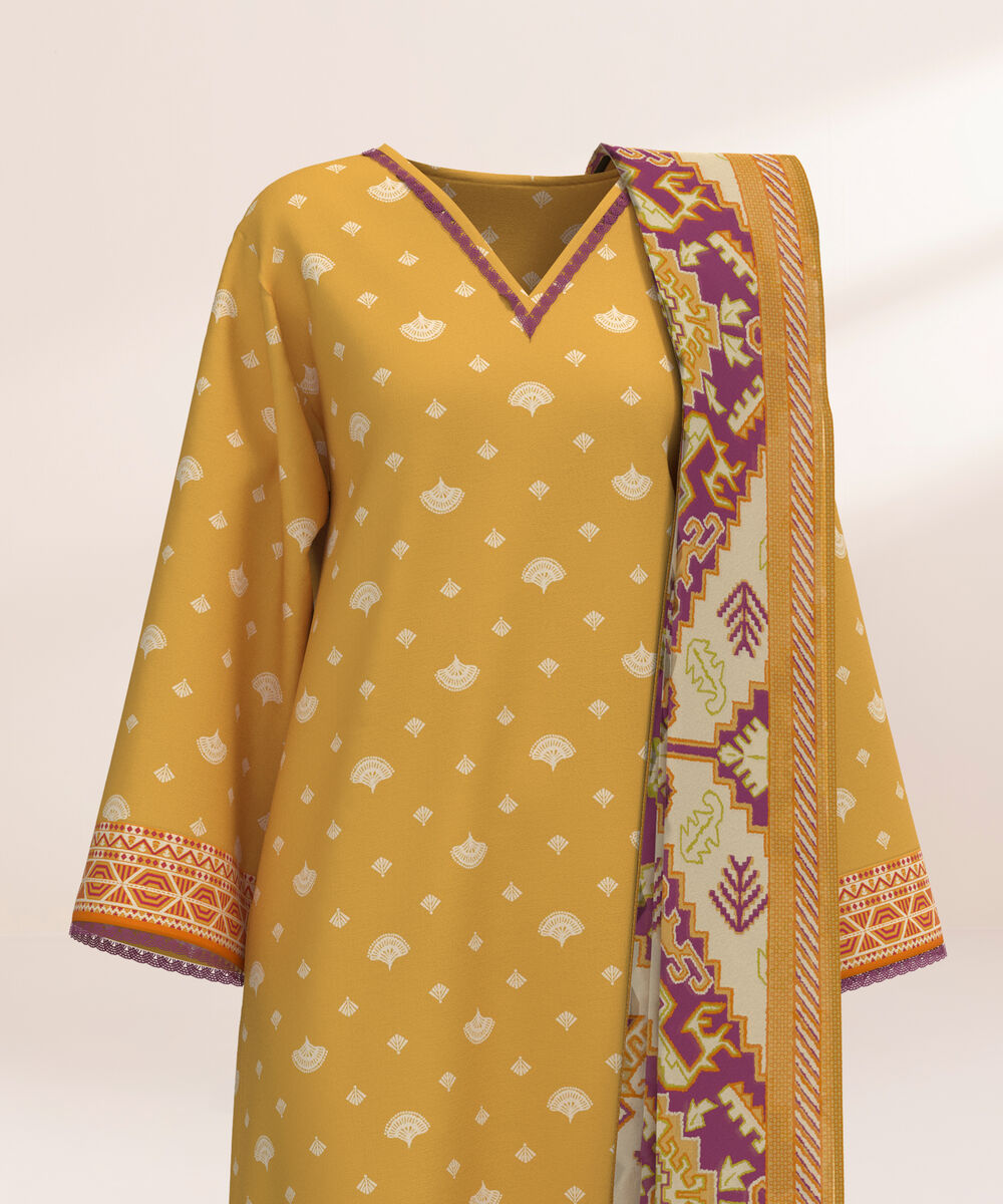 Women's Three Piece Printed Deep Saffron Lawn Suit
