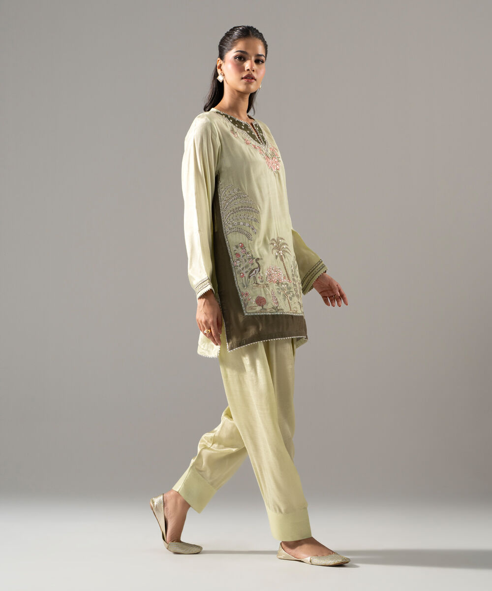 Women's RTW Thai Silk Solid Embroidered Green 2 Piece Suit