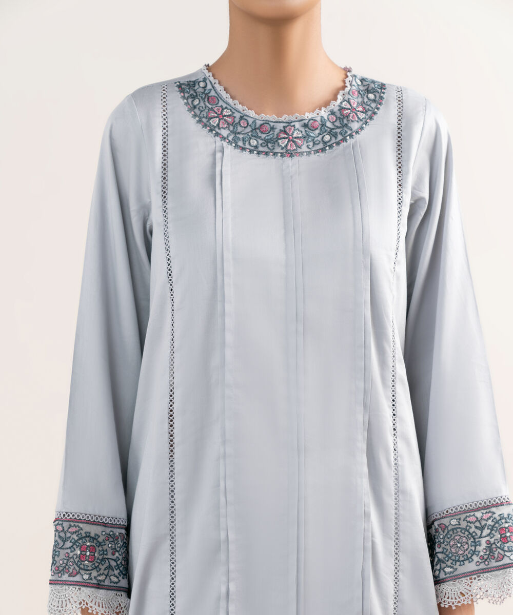 Women's RTW Cotton Satin Lilac Embroidered A-Line Shirt