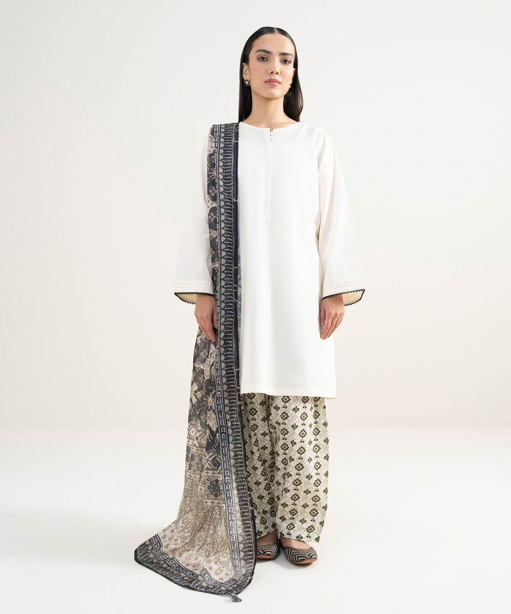 Women's RTW Lawn Solid Off White Straight Shirt