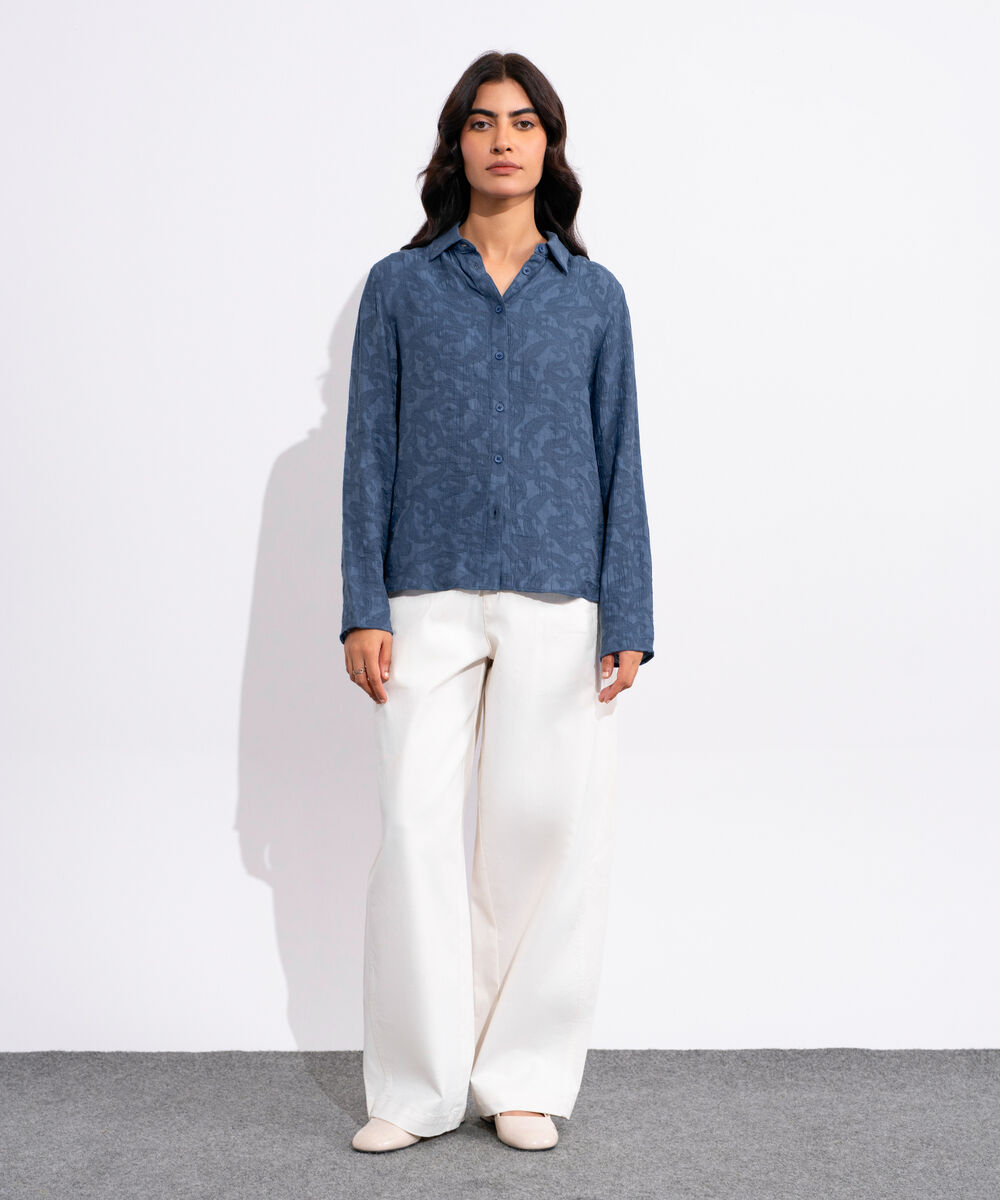 Women's Blue Textured Button Through Shirt