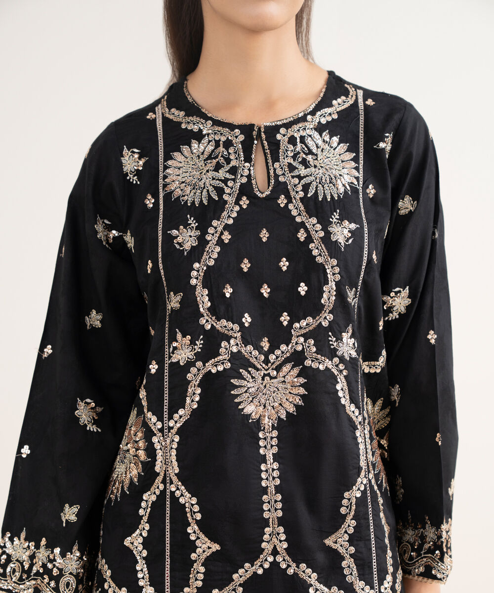 Women's RTW Self Jacquard Leno Embroidered Black A-Line Shirt