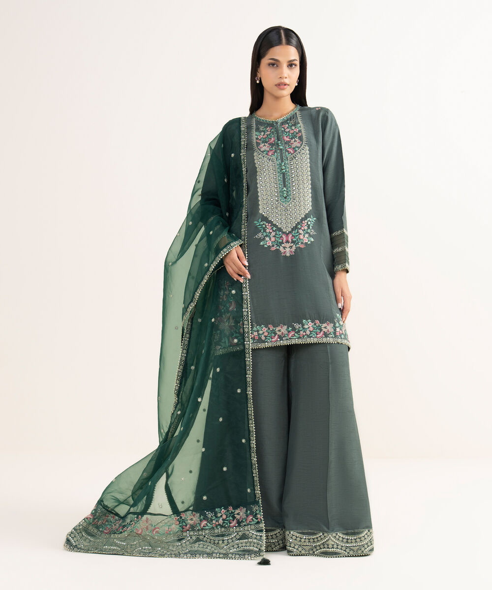 Women's RTW Raw Silk Grey Embroidered 3 Piece Suit