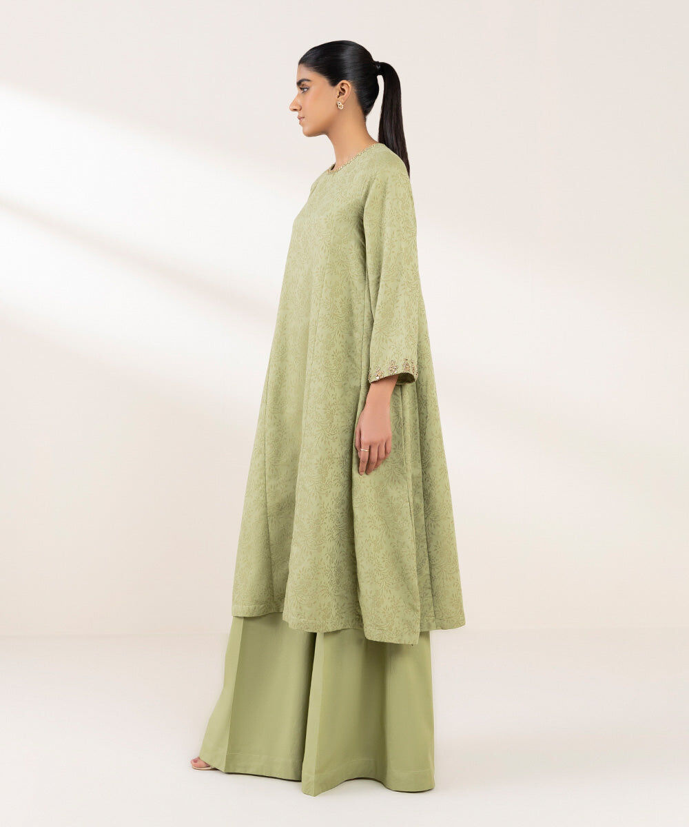 Woman - Green Embroidered Cotton Jacquard Shirt