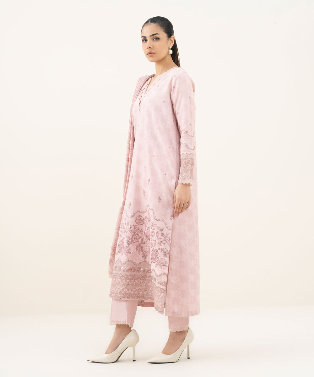 Women's Unstitched Embroidered Cotton Jacquard Pink 3 Piece Suit