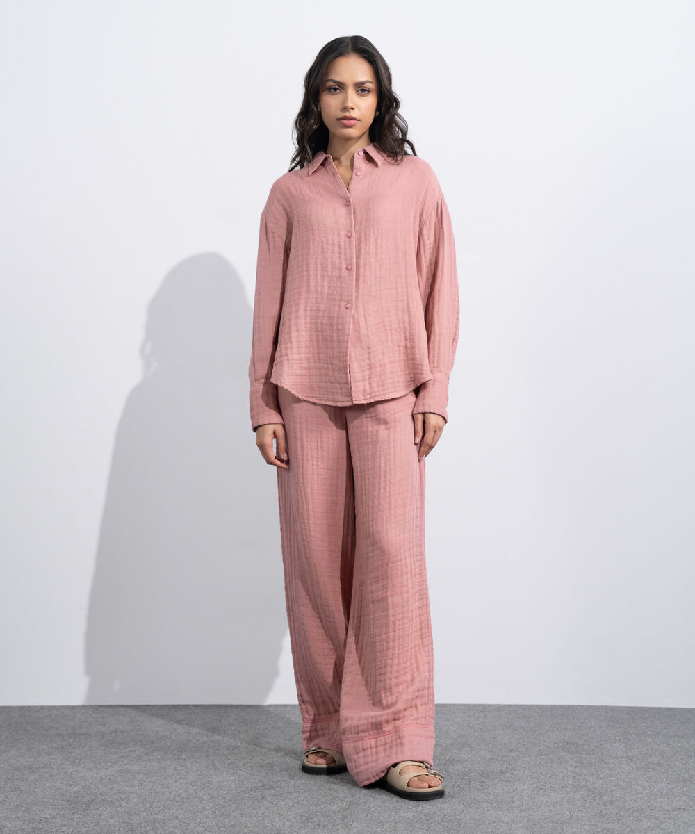 Women's Western Tea-Pink Loose-Fit Cotton Muslin Shirt