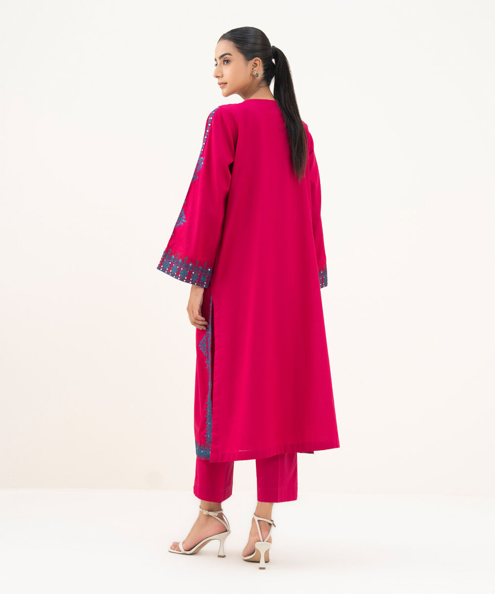 Women's RTW Textured Lawn Pink Embroidered A-Line Shirt