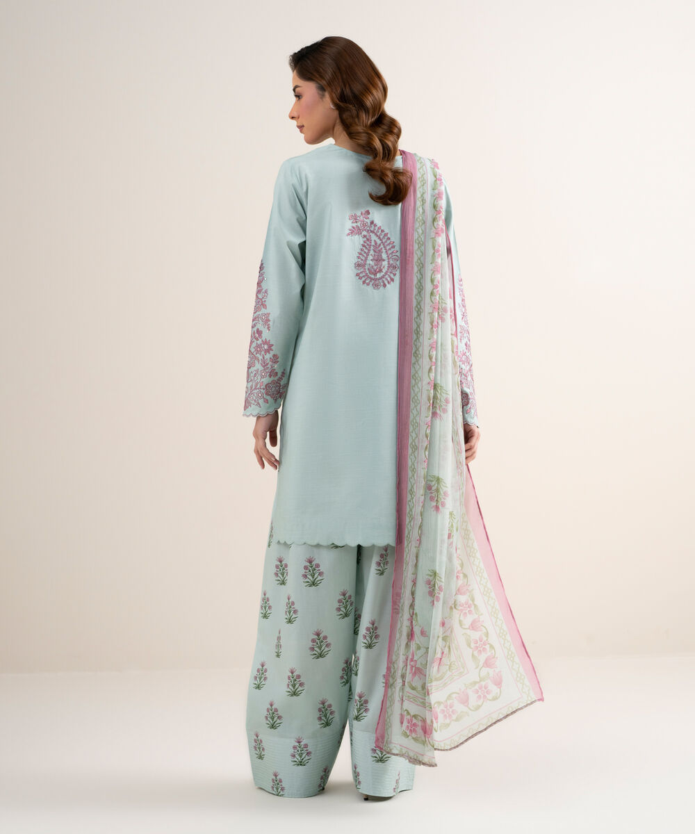 Women's Unstitched Textured Lawn Embroidered Blue 3 Piece Suit