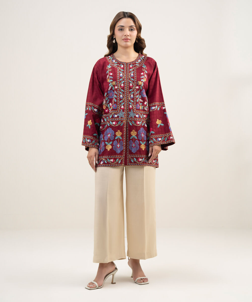 Women's RTW Dobby Embroidered Maroon Drop Shoulder Shirt