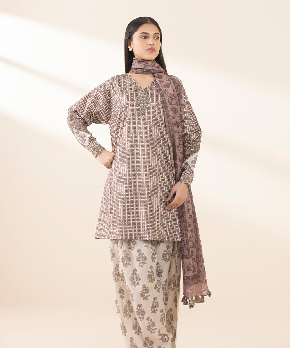Unstitched Women's Embroidered Lawn Brown Three Piece Suit