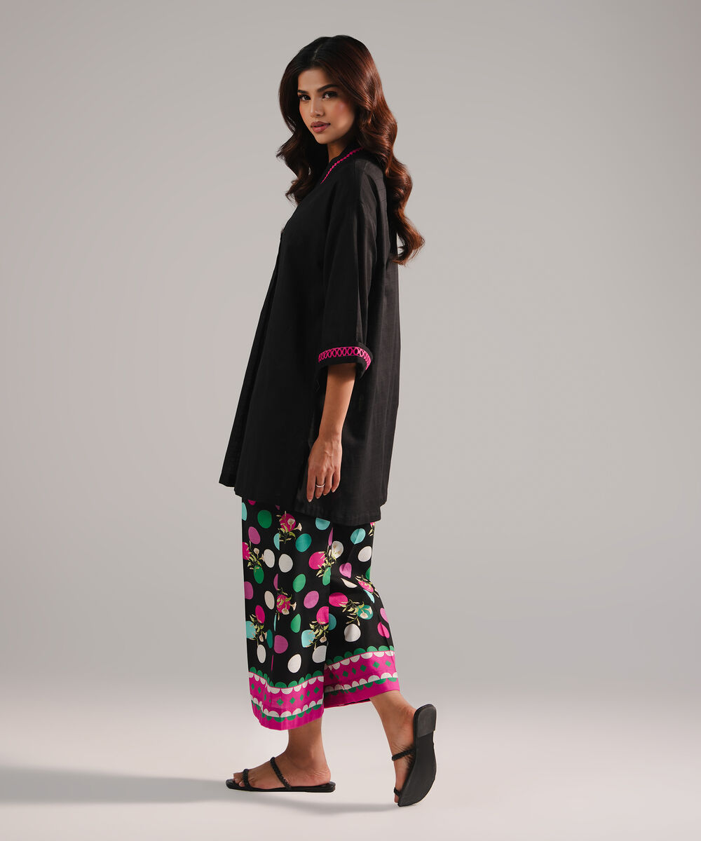 Women's RTW Dobby Embroidered Black 2 Piece Suit