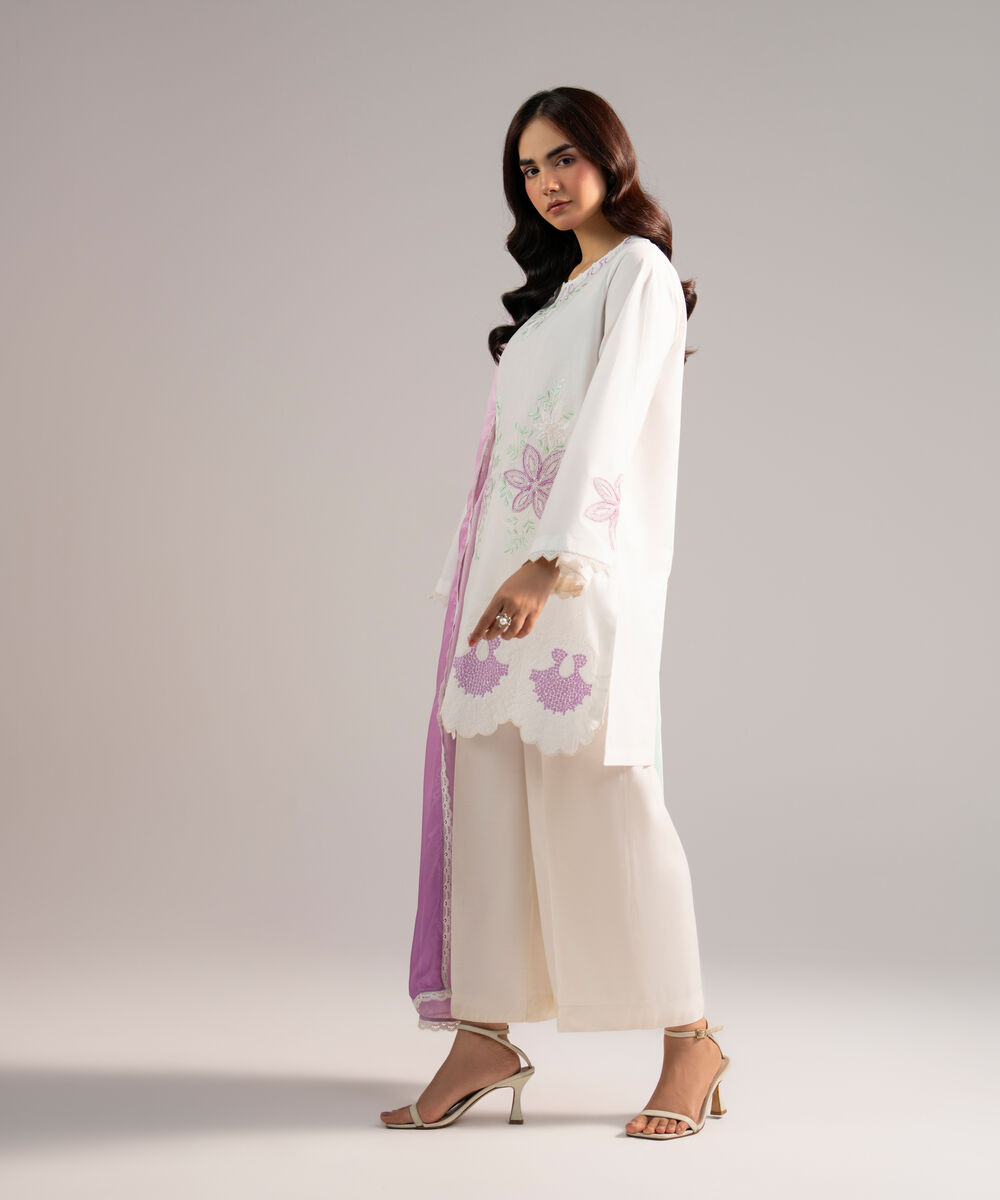 Women's RTW Cambric Embroidered White 2 Piece Suit