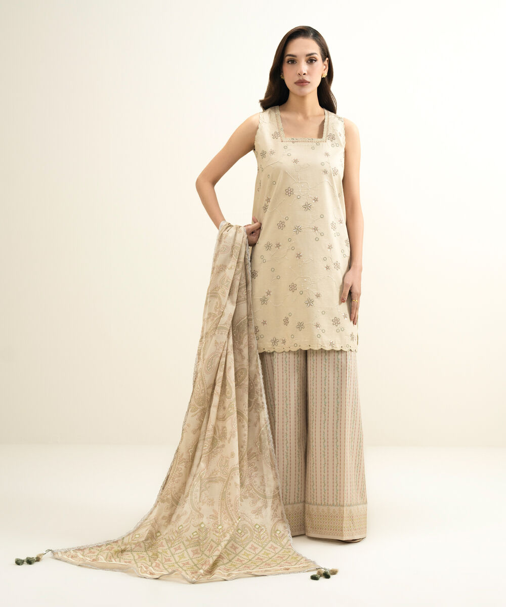 Women's Unstitched Lawn Embroidered Beige 3 Piece Suit