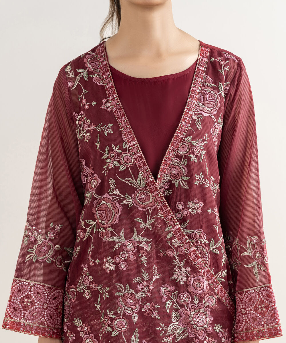 Women's RTW Blended Textured Karandi Embroidered Red 2 Piece Suit