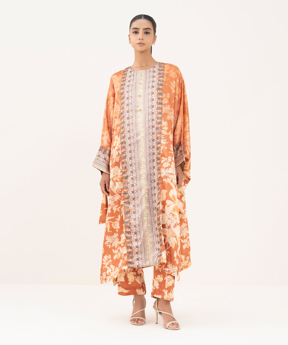 Women's RTW Blended Satin Brown Printed 2 Piece Suit