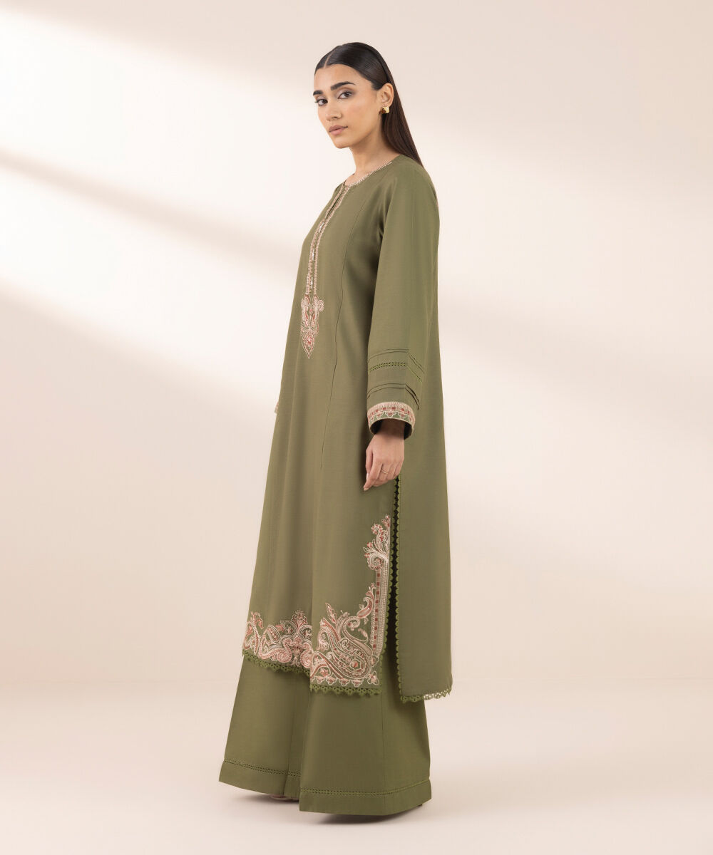 Women's Pret Cotton Viscose Olive Embroidered Straight Shirt