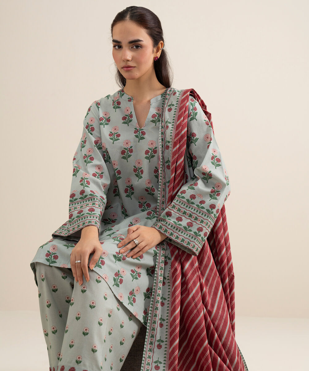 Women's Unstitched Lawn Printed Light Blue 3 Piece Suit