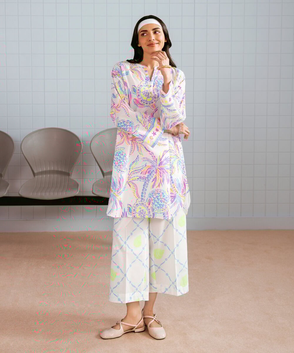 Women's RTW Dobby Printed White 2 Piece Suit