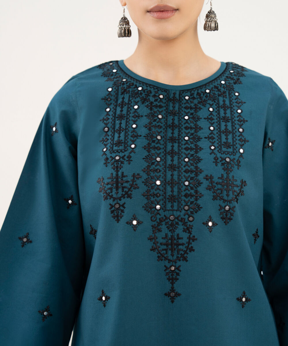 Women's Unstitched Cotton Embroidered Blue 3 Piece Suit