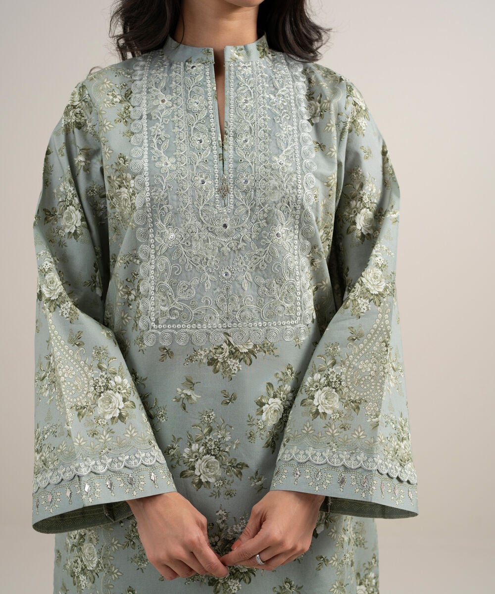 Women's Unstitched Lawn Embroidered Light Smoke Green 3 Piece Suit