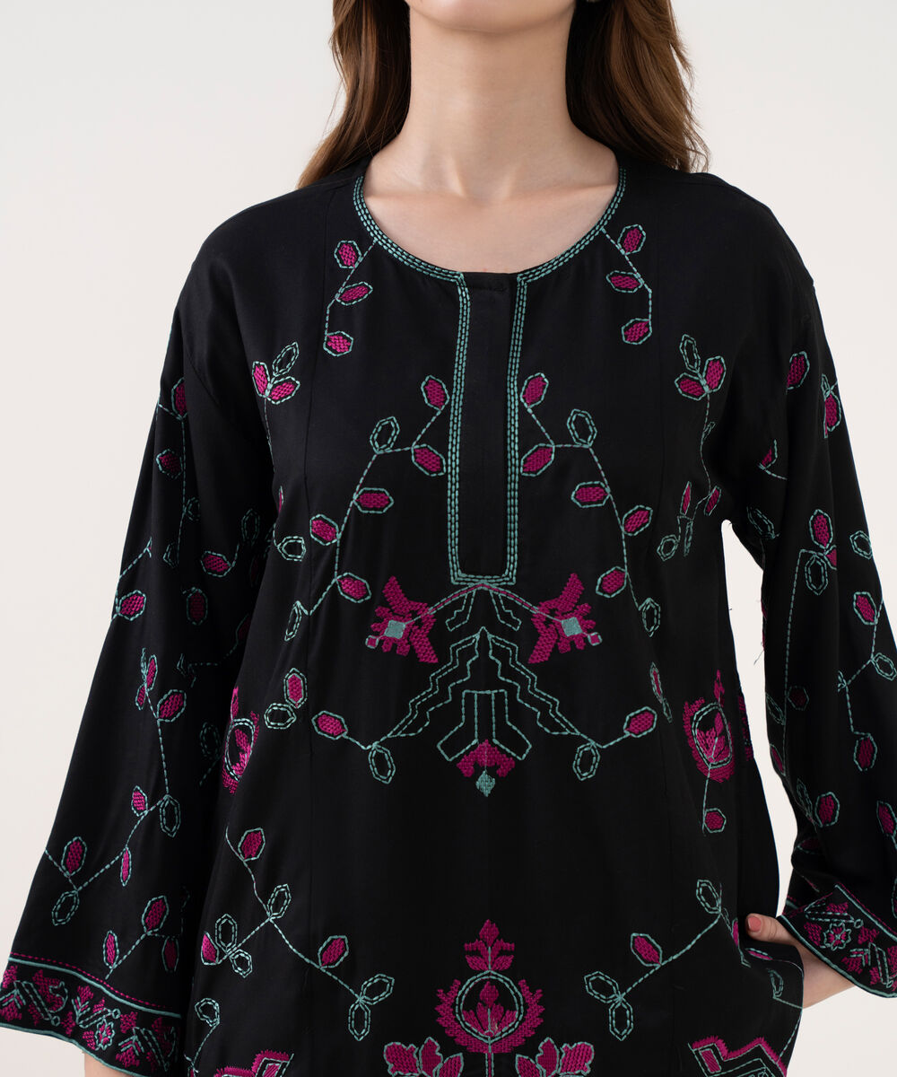 Women's RTW Viscose Marina Embroidered Black Straight Shirt