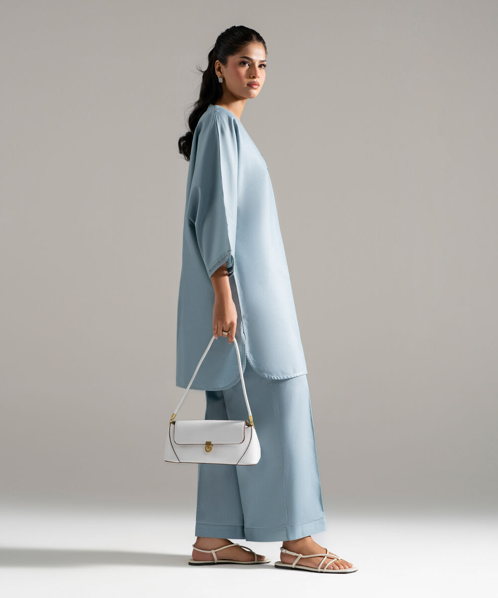 Women's RTW Cotton Linen Solid Blue 2 Piece Suit