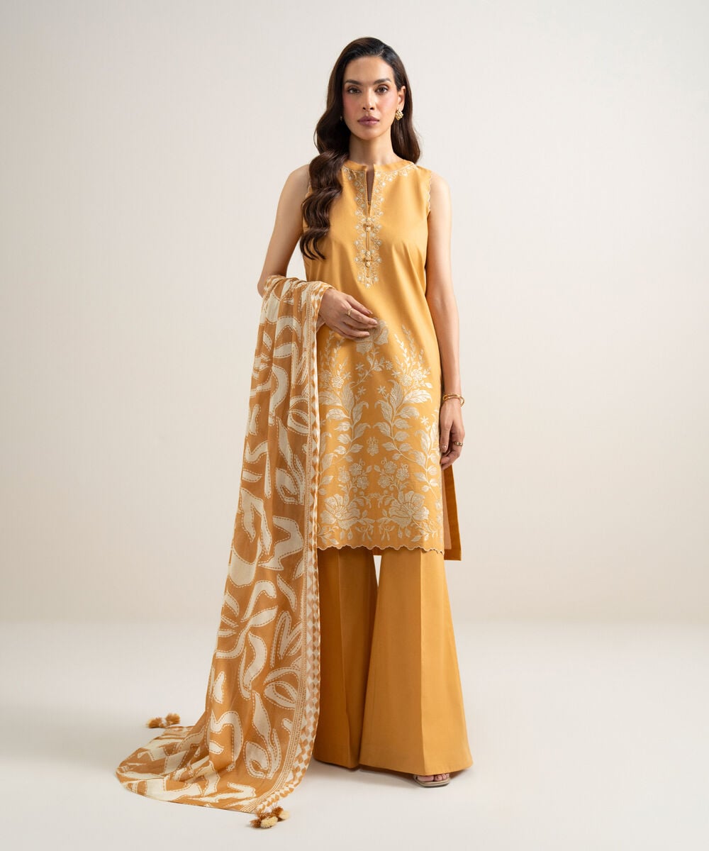 Women's Unstitched Lawn Embroidered Mustard Yellow  3 Piece Suit