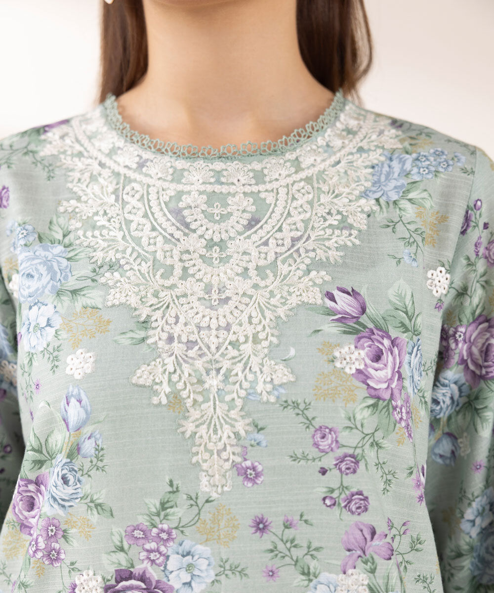 Woman - Green Embroidered Khaddar Shirt
